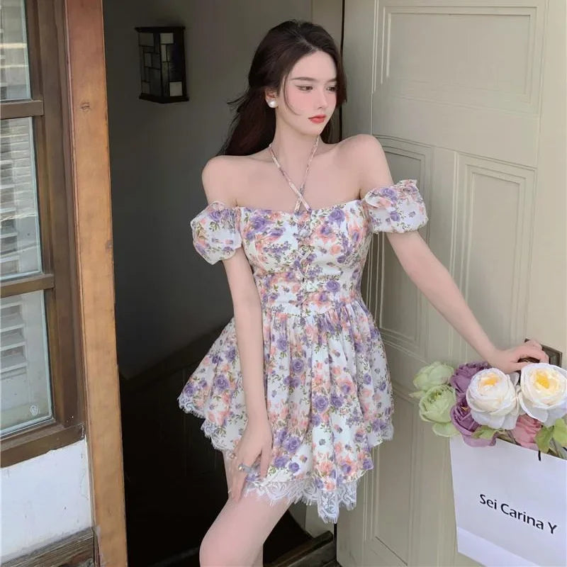 LIZAKOSHT  -  French Vintage Summer Floral Short Sleeve Square Collar One Shoulder Dress Waist Cinched Bubble Sleeve Chiffon Mini Dress