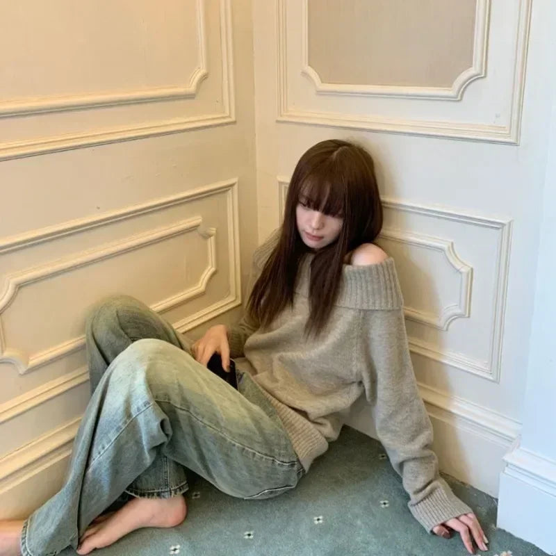 LIZAKOSHT  -  Vintage Sexy Sweater Women Japanese Style Off Shoulder Knitwear Y2k Harajuku Long Sleeve Jumper Slash Neck Solid Causal