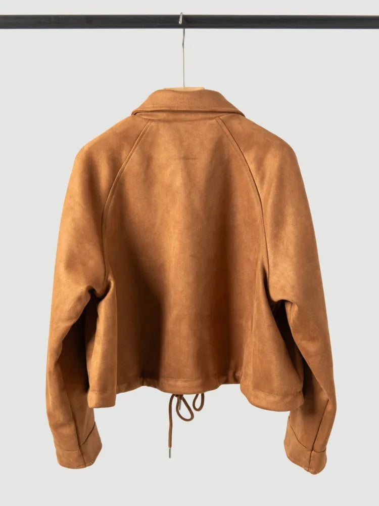 LIZAKOSHT  -  Suede Short Jacket Women Fashion Brown Zipper Long Sleeves Front With Drawstring Hem Pockets Outerwear New Autumn Winter