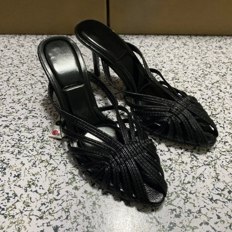 LIZAKOSHT  -  Summer High Heeled Women Modern Sandals Retro Soft Leather Mules Brand Design Black Leisure Hollow Out Lady Party Shoes