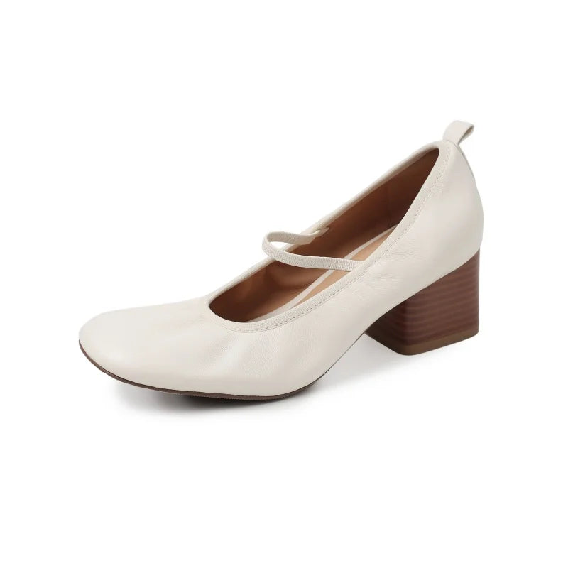 LIZAKOSHT  -  Fashion Pumps New High Quality Genuine Leather Shoes Round Head Elastic Band High Heels Mary Janes Shoes Women's Heels