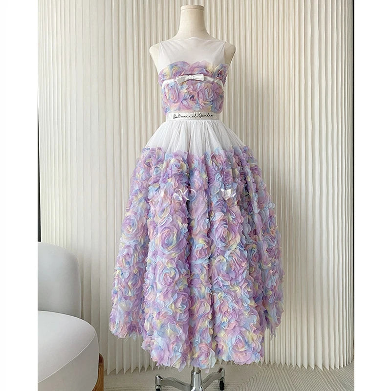 Lizakosht Purple Rose Flower Dress Women Summer Sleeveless Elegance Dresses Party Ladies Mesh Patchwork Vintage Clothing Female