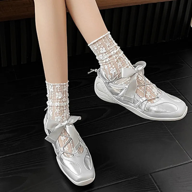 LIZAKOSHT  -  Crossed-tied Sneakers For Women Butterfly-knot Round Toe Low Heel Female Shoes Solid Color Sliver Black Leisure Designer Brand