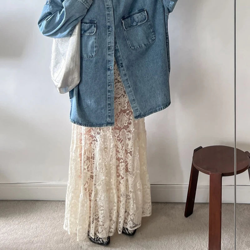 LIZAKOSHT  -  Y2k Vintage Floral See-Through Maxi Skirt Aesthetic Clothes Lace Sheer A-Line Skirt Women High Street Beach Vacation