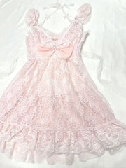 LIZAKOSHT  -  Summer Sweet New Pink Bow Dress Suit Women's Fashion Kawaii Cute Lace Overclothes France Designer Slim A-line Sling Dresses