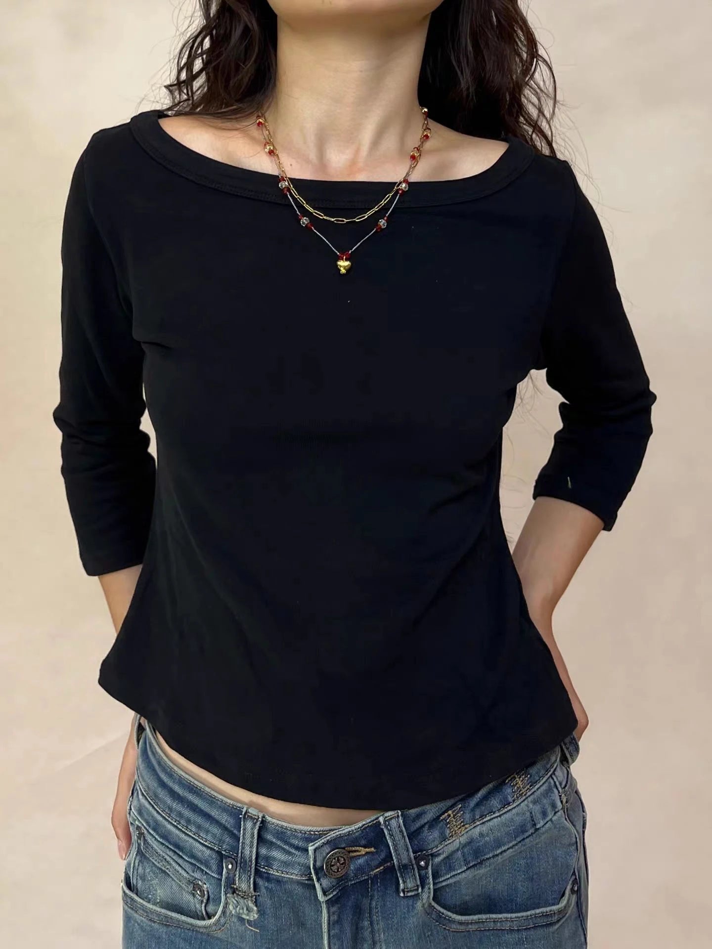 LIZAKOSHT  -  Solid Basic Three Quarter Sleeve T-shirts Woman Autumn Slash Neck Cotton Slim Crop Top Female Casual Simple All-match Tee Shirts
