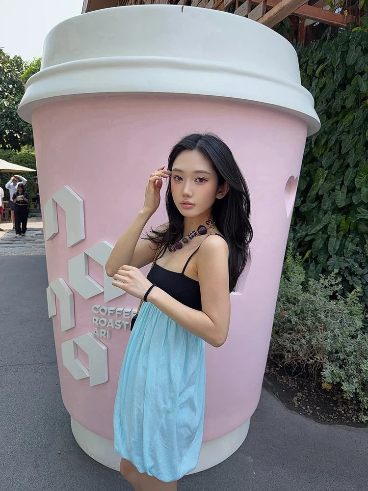 LIZAKOSHT  -  Fashion Sexy Women's Mini Sling Dress Color Blocking Sleeveless Ruched Fit Slim Bud Skirt NEW Summer Lady Party Dresses
