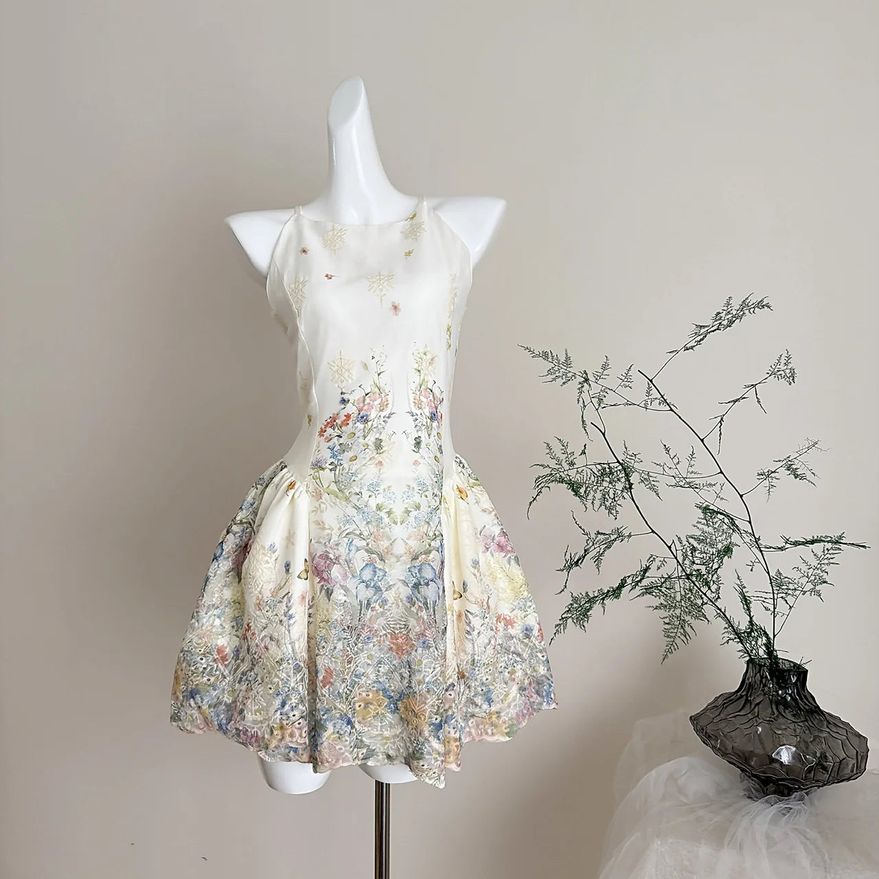 LIZAKOSHT  -  Off White Elegant Kawaii Fairycore Floral Print Chiffon Ruched Waist Halter Mini Dress Women Girls Summer Beach Party Daily Wear