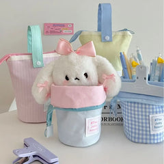 LIZAKOSHT  -  Contrast Color Plaid Women's Bucket Storage Bags Simple Canvas College Girls Pencil Case Clutch Purse Handbags Cosmetic Bag