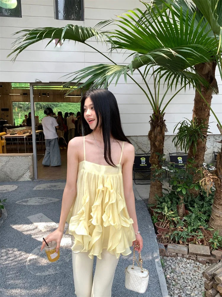 LIZAKOSHT  -  Camis Women Sweet Ruffles Patchwork Slash Neck Backless Summer Fashion Solid Tank Tops Female French Style Chic