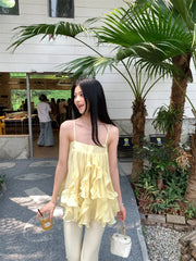 LIZAKOSHT  -  Camis Women Sweet Ruffles Patchwork Slash Neck Backless Summer Fashion Solid Tank Tops Female French Style Chic