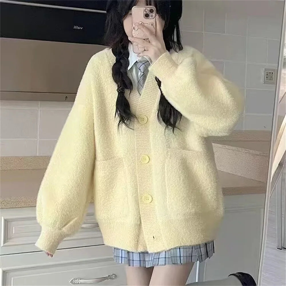 LIZAKOSHT  -  Japanese Fashion Knitted Sweater Women Cardigan Coat Female Soft Autumn Winter Warm Loose Pink Sweet Cardigan Women Clothes Top