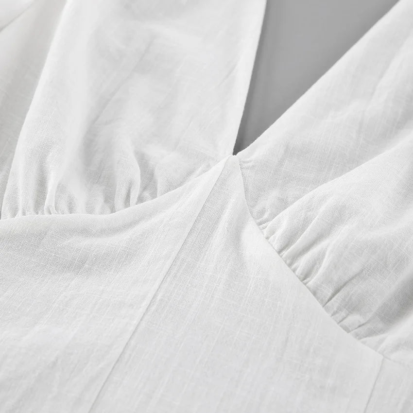 LIZAKOSHT  -  White Backless Summer Dress For Women Short Sleeve Slim V-Neck High Waist Elegant Commute Dress Female Bandage Long Dress