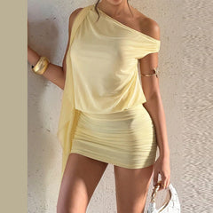 LIZAKOSHT  -  Off-Shoulder Ruched Bodycon Mini Outfit Asymmetric Neck Spring Summer Seaside Cocktail Lady  Chic Resort  Matching Outfit