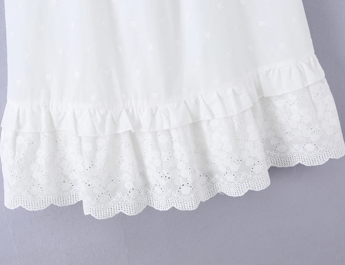 LIZAKOSHT  -  Bohemian White Embroidery Flower Tide Bow Spaghetti Strap Dress Woman Wood ears Ruffles Hem Swing Loose Swing Mini Dresses Robe