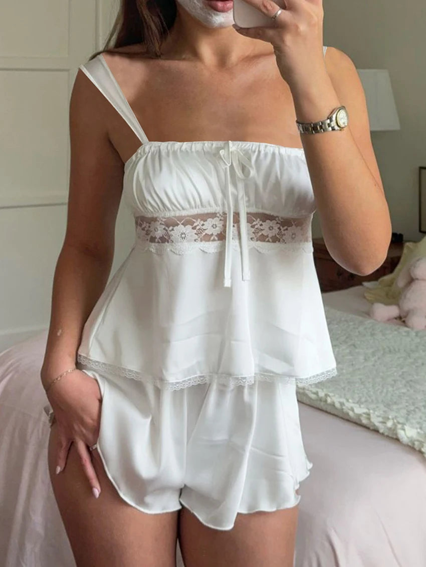 LIZAKOSHT  -  Lace Ladies Nightgowns Suit Strap Pajamas Crop Top Sleepwear Lace Up Nightie Tank Tops Nightwear Shorts Home Clothes