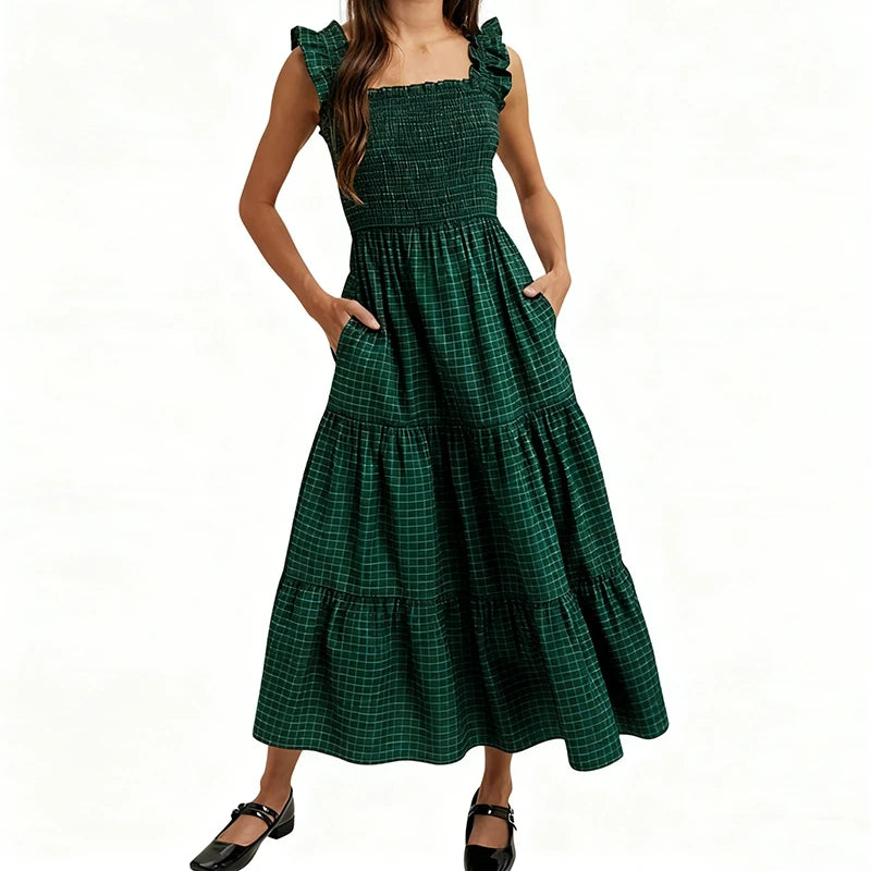 LIZAKOSHT  -  Cottage Vintage Plaid Maxi Dress Women Ruffles Sleeveless Sqaure Collar Flowy Long Dress Gingham Shirred Elastic A-line Dresses
