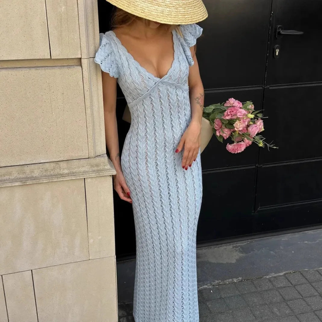 LIZAKOSHT  -  Temperament Ruffle Knit Dress Sexy V Neck Sleeveless Backless Sexy Knit Long Dress Elegant Luxury Y2k Women's Evening Dresses