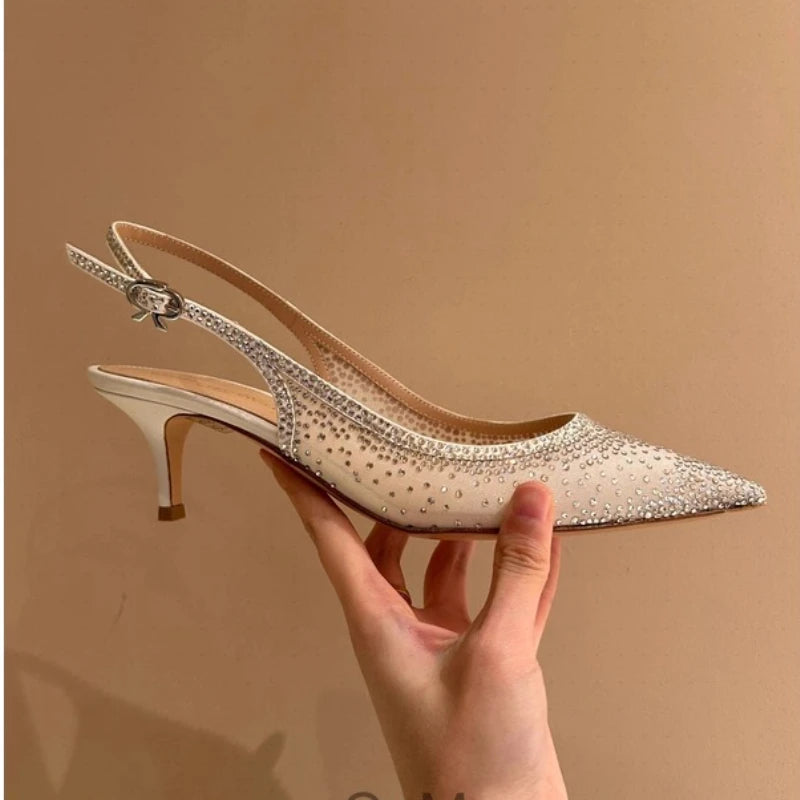 LIZAKOSHT  -  Luxury Rhinestone High Heels Women Fashion Designer Sandals Party Dress Bridal Shoes Mesh Glitter Pointed Toe Muller Pumps Women