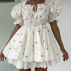 LIZAKOSHT  -  Princess Yellow Cherry Print Spliced Lace Corset Style Mini Dress Women Puff Sleeve Slim Waist Ruffle Hem Cake Party Robe