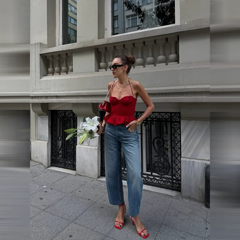 LIZAKOSHT  -  Red Halter Backless Ruffle Crop Top Women Ruched Bust Frill Hem Slim Fit Summer Casual Y2K Sleeveless Camisole for Beach Date