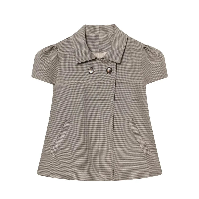 LIZAKOSHT  -  Spring New Women's American Retro Style Shirt Collar Puffy Short Sleeve Button Decorated Short Plaid Top Casual Fit Polyester