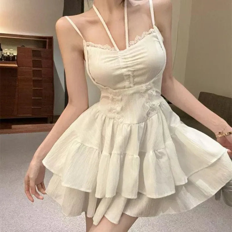 LIZAKOSHT  -  Red Lace Patchwork Design Strappy Dress Women New Summer Korean Style Fashion Evening Party Outfits Y2k Causal Dresses New