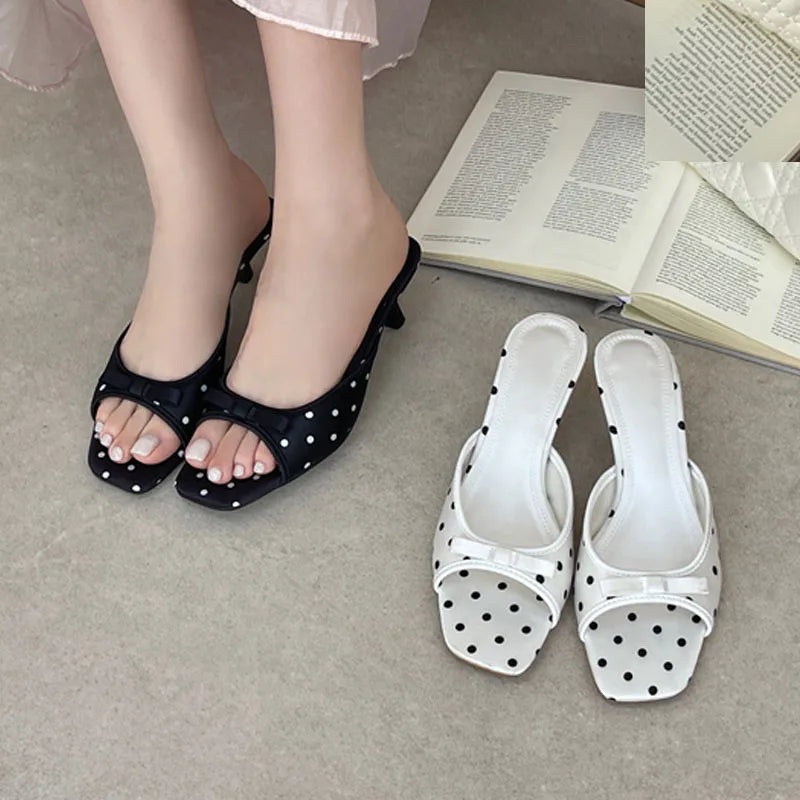 LIZAKOSHT  -  Summer Fashion Satin Polka Dot Square Toe Women Slippers Elegant Thin Low Heels Sandals Casual Beach Party Shoes