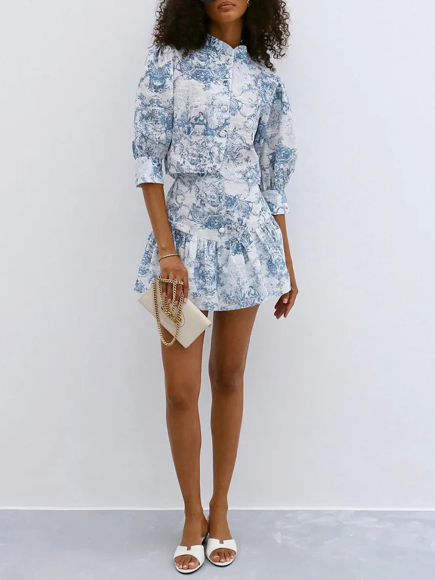 LIZAKOSHT  -  Chic Summer Women Stand Collar Flowers Printed Shirt Short Sleeved Floral Blouses Slim Fit Tops + A-Line Pleated Skirt 2Pcs Set