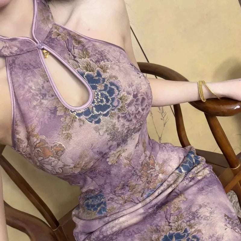 LIZAKOSHT  -  Purple Cheongsam Dress Women's Summer Chinese Style Off Shoulder Drip Collar Hot Stamping Flower Dress Fashion Female Clothes