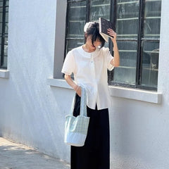 LIZAKOSHT  -  Korean Sweet Blue Plaid Bucket Bag Handbag Tote Women Casual Shoulder Bag