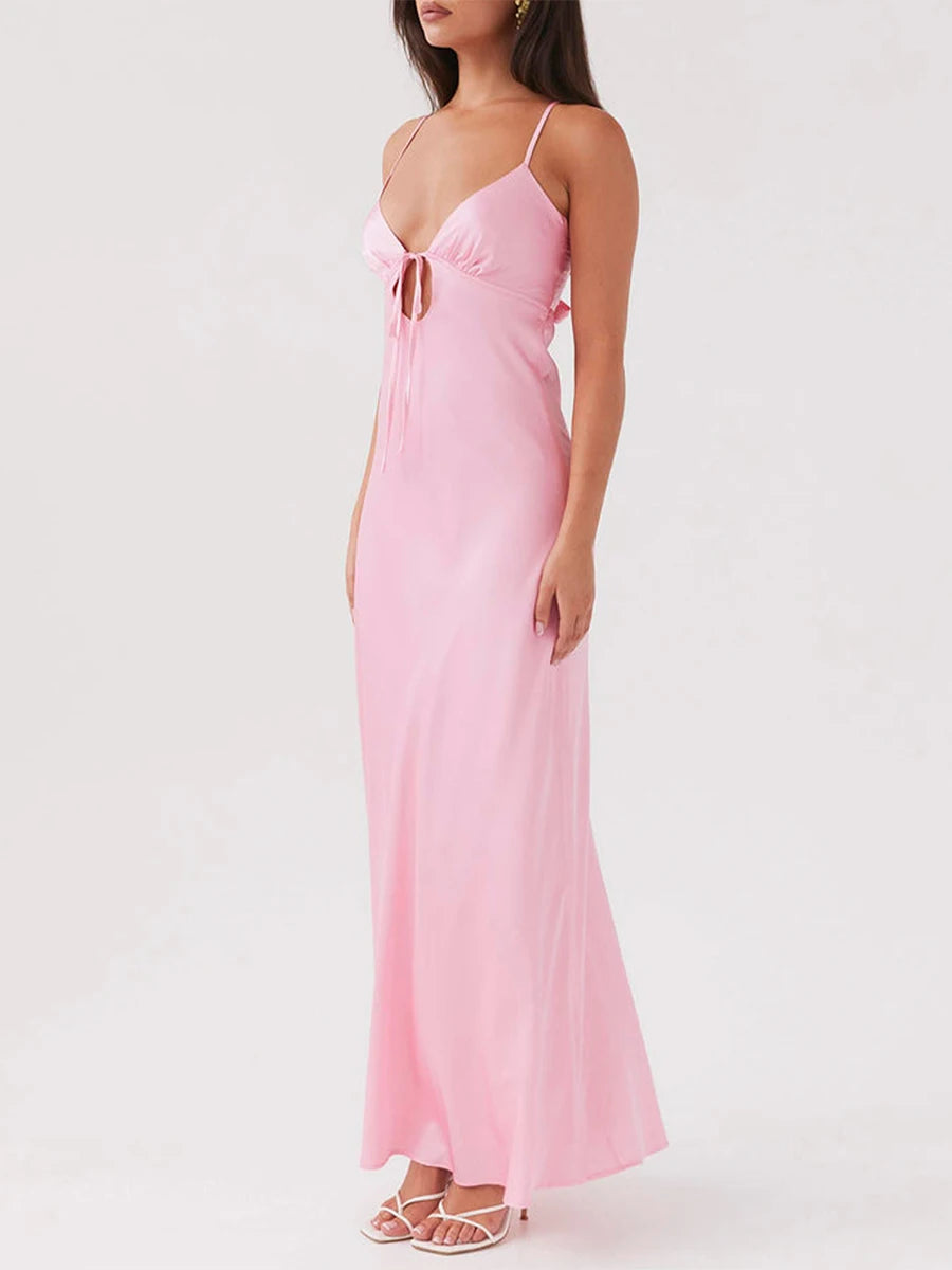 LIZAKOSHT  -  Women Cami Dress Solid Color Sleeveless Tie-Up Front Sleeveless Backless Dress Long Dress Summer Casual Spaghetti Strap Dress