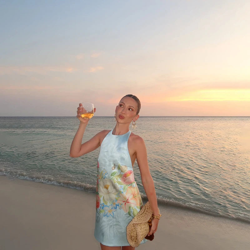 LIZAKOSHT  -  Elegant Vacation Women's Mini Dress Sexy Backless Off Shoulder Halter Floral Print Satin A-line Skirt Summer Beach Party