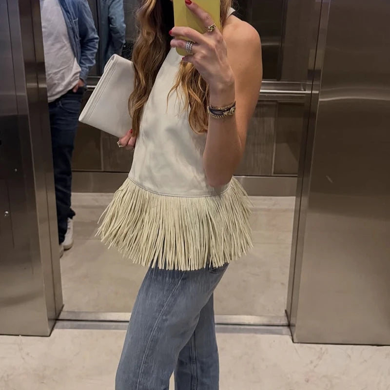 LIZAKOSHT  -  Women's Elegant O-neck Tassel Splicing Vest Fashion Commute High Waist Summer Tank Tops Casual Street Solid PU Leather Blouses