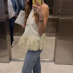 LIZAKOSHT  -  Women's Elegant O-neck Tassel Splicing Vest Fashion Commute High Waist Summer Tank Tops Casual Street Solid PU Leather Blouses