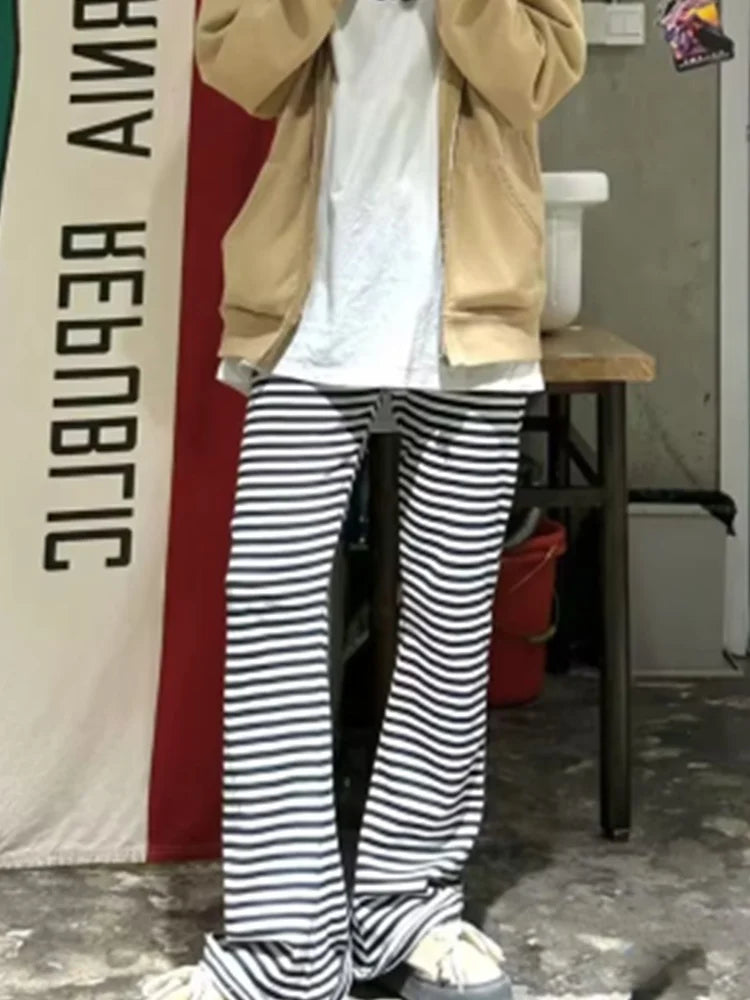 LIZAKOSHT  -  Casual Women Fashion Black Striped Drawstring Wide Leg Trousers Summer Vintage High Waist Female Chic Bottoms