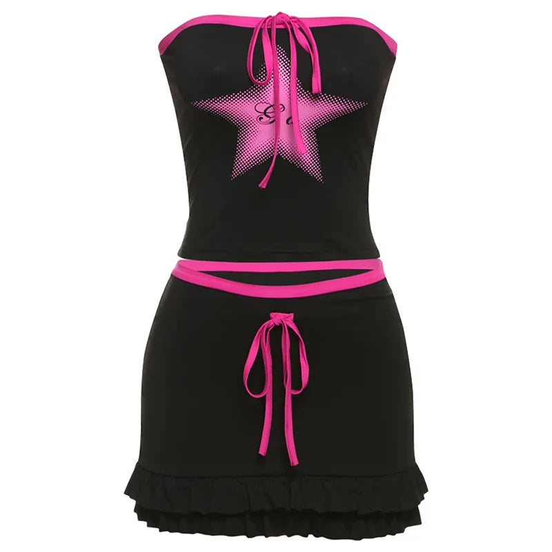 LIZAKOSHT  -  New Women's Sexy Strapless Vest With Hip Strap Short Skirt Set Vintage Cute Skinny Kawaii High Waist A Line Mini Skirt