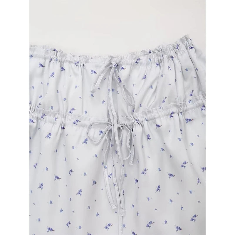 LIZAKOSHT  -  Summer 2024 Women Floral Print Satin Skirt Vintage Drawstring Mid Waist Female A-line Mini Skirt  Holiday