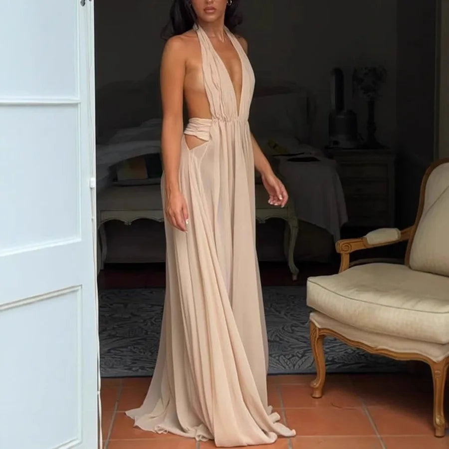 LIZAKOSHT  -  New Summer Deep V-neck Long Evening Dress with Folded Hanging Neck and backless Dress