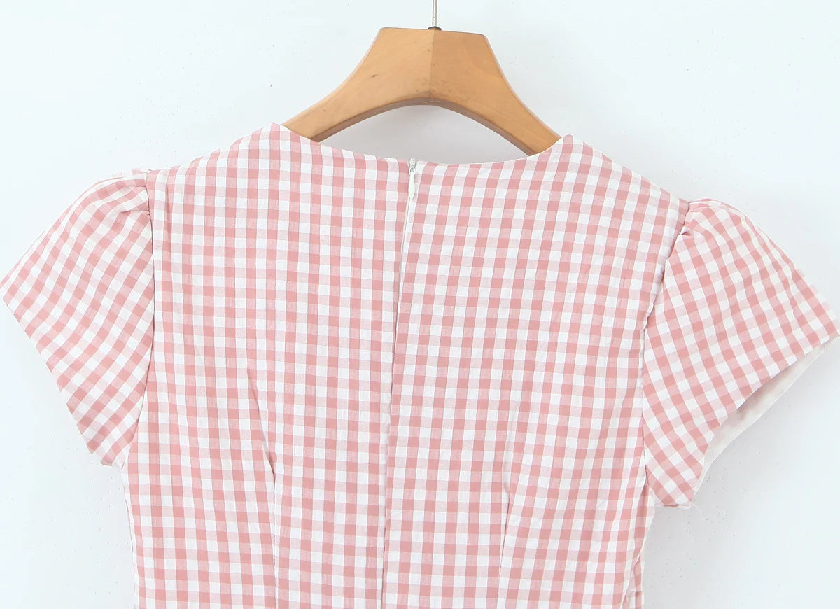 LIZAKOSHT  -  Sweet Pink Plaid Print Bow V neck Short Puff Sleeve Dress Women Low Waist Spliced Ruched Swing Ball Gown Vestidos Femme Robe