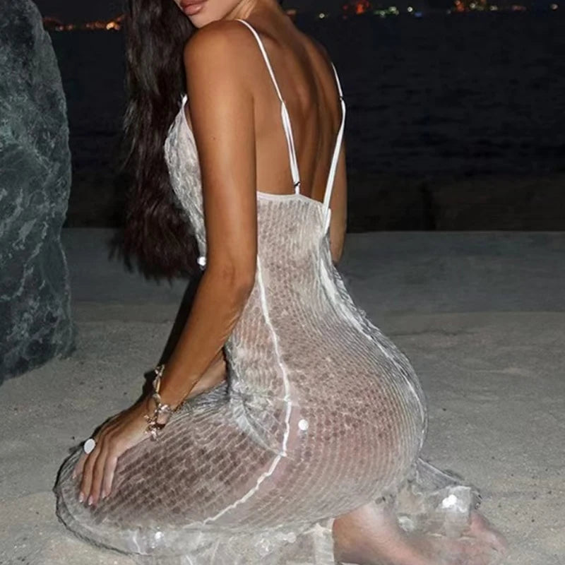 LIZAKOSHT  -  Summer Women Elegant Hollow Out Gowns Sexy Deep V-neck Sleeveless Beach Dress Spring Fashion Sequin Shinny Slim Long Dress