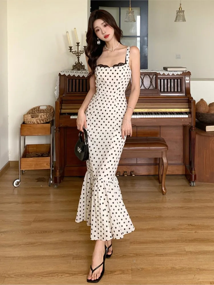 LIZAKOSHT  -  Vintage Polka Dot Print Long Dress Vintage Spliced Lace Collar Strap Mermaid Dress Ruffles Hem Sexy Beach Robe Holiday