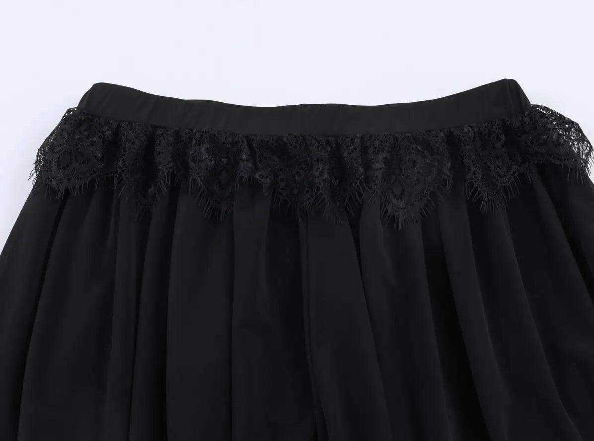 LIZAKOSHT  -  Spring Summer Black Chiffon Lantern Pants Women Spliced Lace Elastic Waist Ruffles Cuff Long Loose Trousers Full Length Bottom