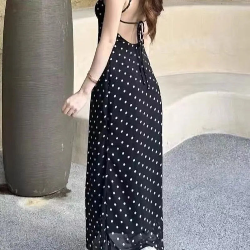 LIZAKOSHT  -  Women Polka Dot Print Sexy Lace Camisole Backless Long Dress Summer Fashion And Casual Comfortable Suitable For Vacation Dating