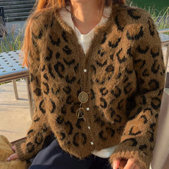 LIZAKOSHT  -  Leopard Print Sweater Cardigan for Women Vintage Button-Up Single Breasted Knit Top Coat Comfy Soft Autumn Winter Y2K Sweater