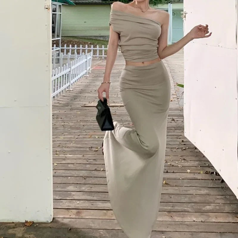 LIZAKOSHT  -  Women's Summer One Shoulder Pleated Slimming Top, Slim Fit Half Skirt, Long Skirt Two-Piece Set