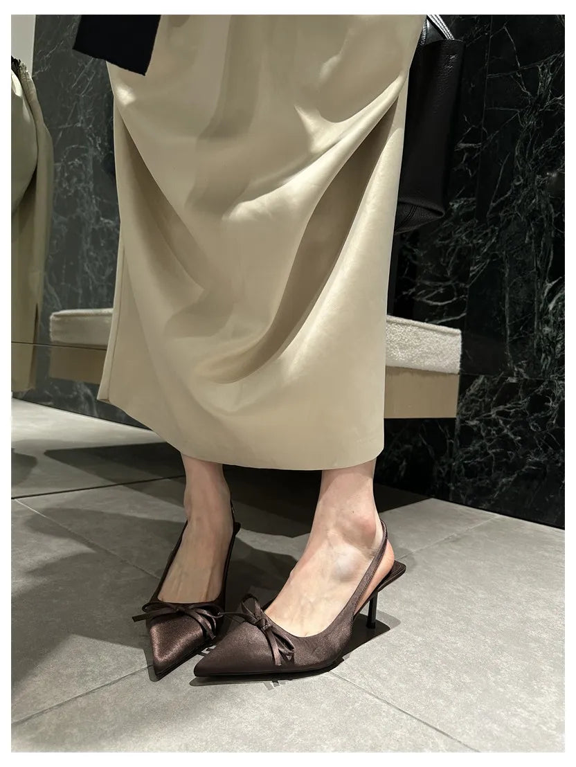 LIZAKOSHT  -  Women Thin Heels Slingback Sandals Elegant Pointed Toe Pumps New Brand Designer Bow Knot Party Dress Wedding Shoes Footwear