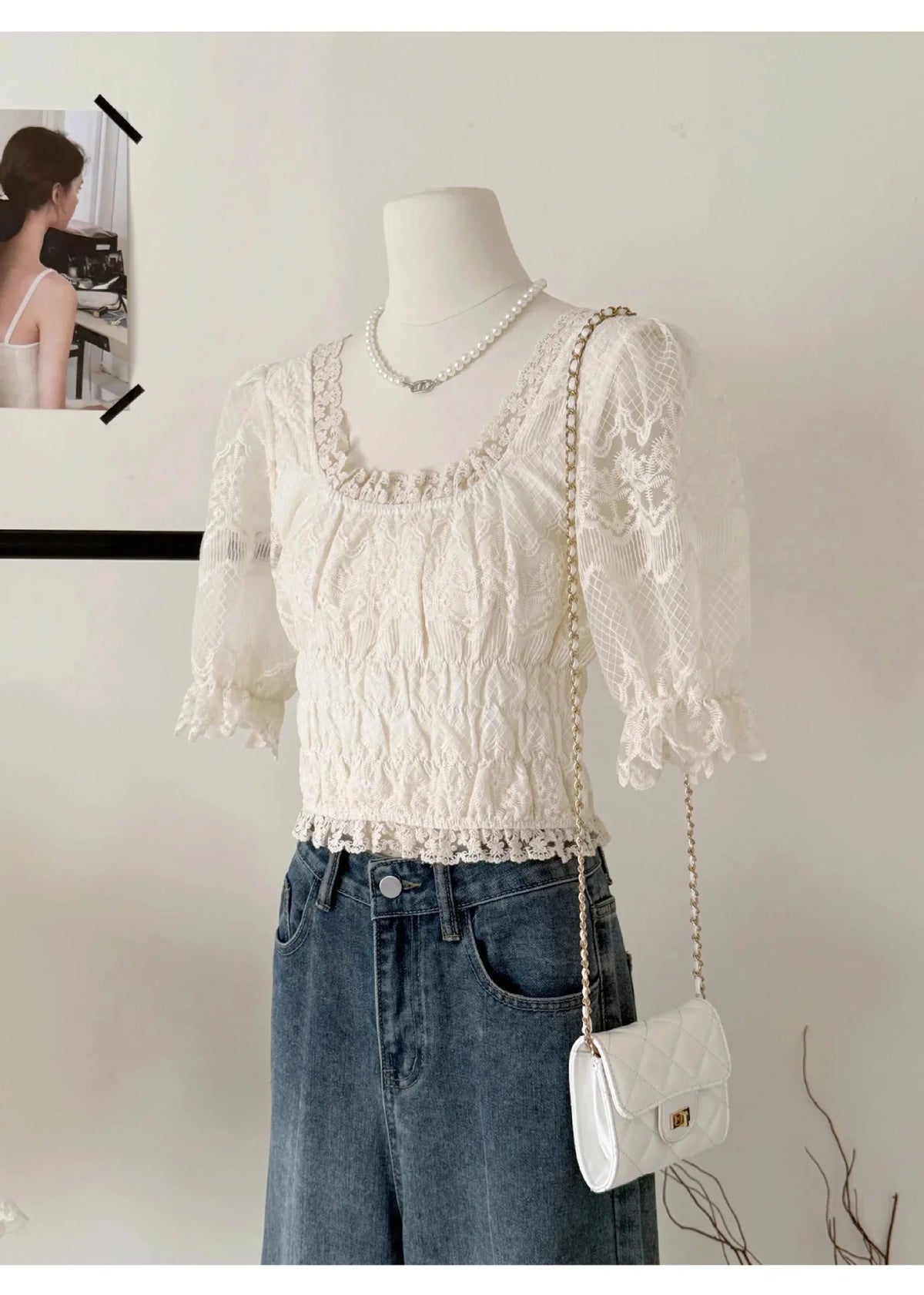 LIZAKOSHT  -  Sweet Embroidered Square Collar Lace Shirt Women's Shineril Lycra Summer New Style Button up Casual Feminine Top