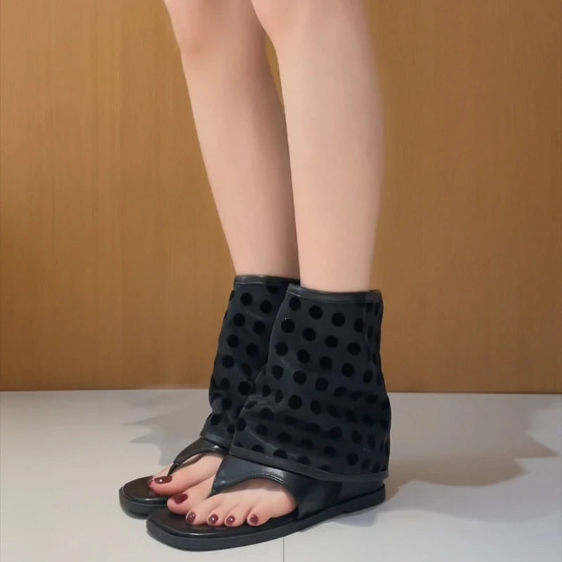 LIZAKOSHT  -  Vintage Spring Polka Dot Clip Toe Ankle Boots Women Flats Heels Shoes Street Style Dress Lightweight Gladiator Boots for Summer