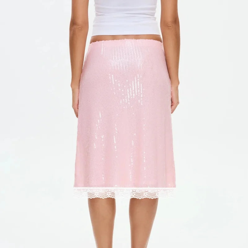 LIZAKOSHT  -  Womens Sequin Midi Skirts Y2K Elastic High Waisted Lace Trim Sparkly Stretchy Night Out Club Concerts Party Skirt